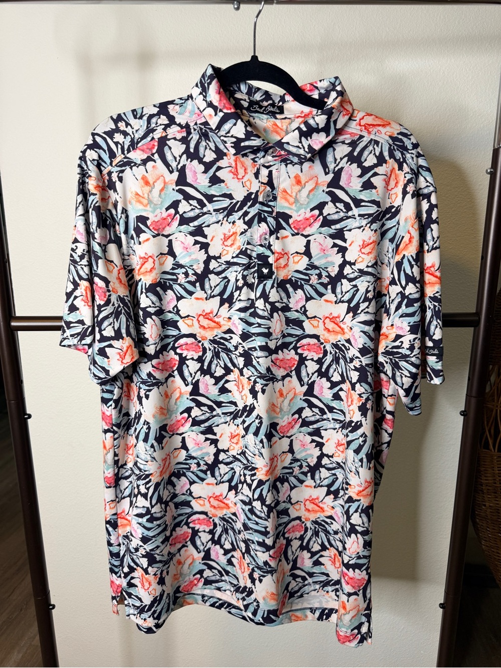 Bad Birdie Men's Floral Polo Shirt - Navy with Coral & Pink Blossoms